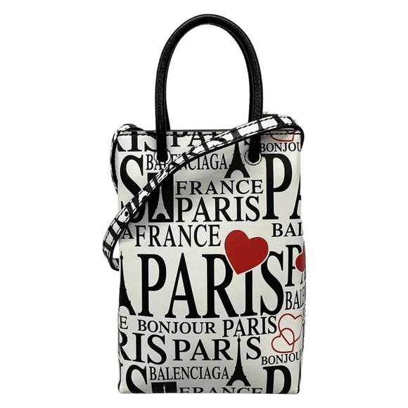 BALENCIAGA Shopping Phone Holder 593826 White Black Red Leather Shoulder Bag - Picture 1 of 15